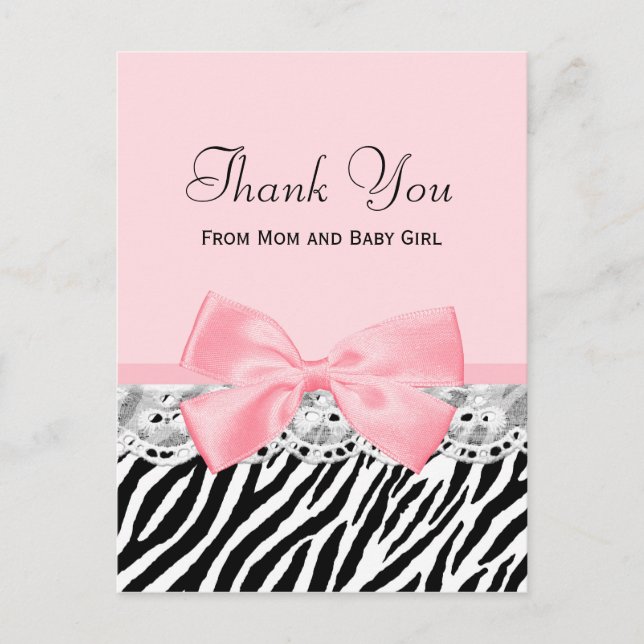 Baby Thank You Pink Ribbon and Lace Zebra Print Postcard (Front)