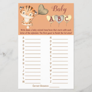 Baby Tiger   ABC Baby Shower Game Card