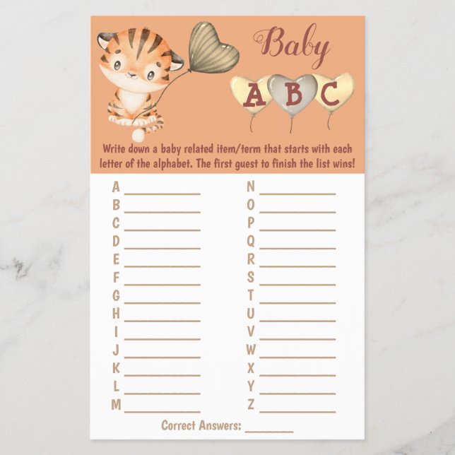 Baby Tiger | ABC Baby Shower Game Card (Front)