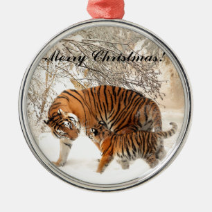 Baby tiger and Tiger mum in a snowy forest Metal Tree Decoration