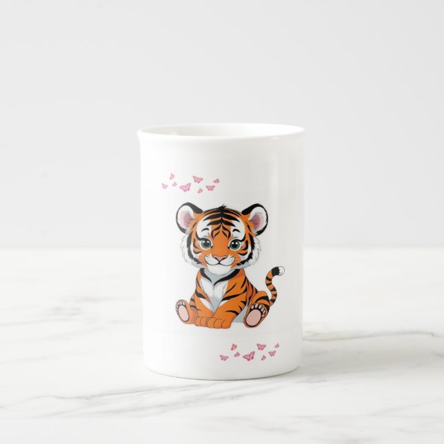 🐯Baby Tiger Art with Pink Butterflies - Bone China Mug (Front)