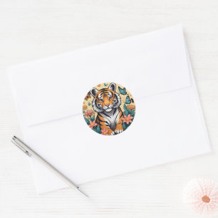 Baby Tiger Floral with Butterflies Classic Round Sticker