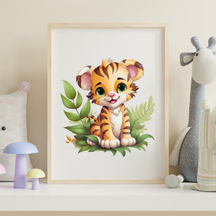 Baby Tiger Jungle Leaves Nursery Wall Art