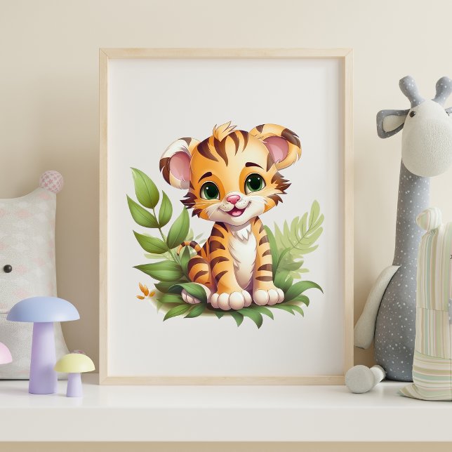 Baby Tiger Jungle Leaves Nursery Wall Art  (Baby Tiger with Jungle Leaves Nursery Wall Art Poster Print Available in many sizes, Framed or not)