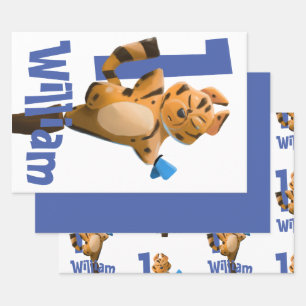 Baby Tiger Plaid First Birthday Custom Wrapping Paper Sheet