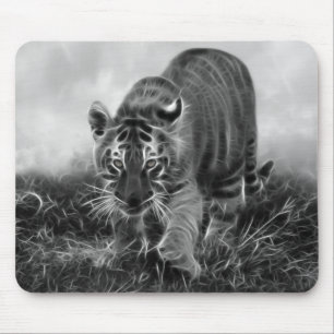 Baby Tiger stalking in Black and white Mouse Pad