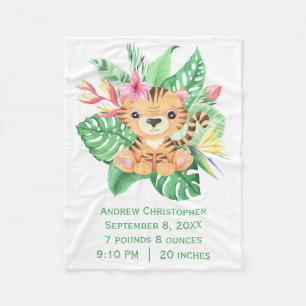 Baby Tiger Tropical Flowers Birth Stats   Fleece Blanket
