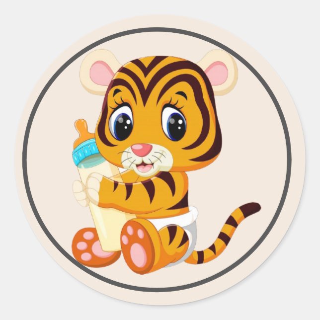 Baby Tiger with a Bottle and Diaper with Frame  Classic Round Sticker (Front)