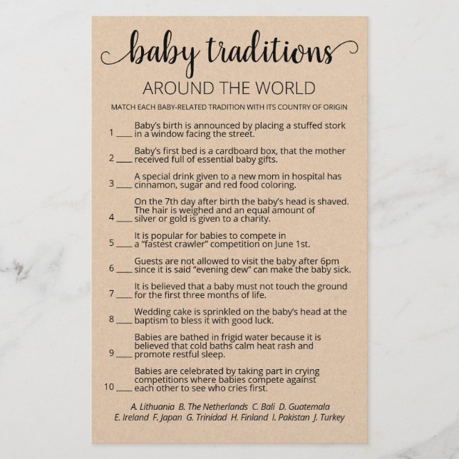 Baby Traditions Baby Shower game with Answers (Front)