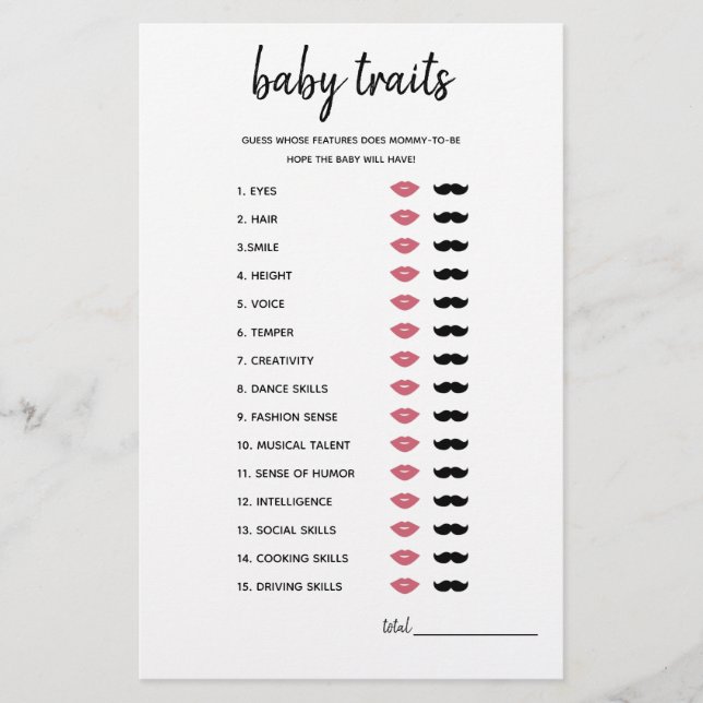 Baby Traits Minimalist Baby Shower Game (Front)