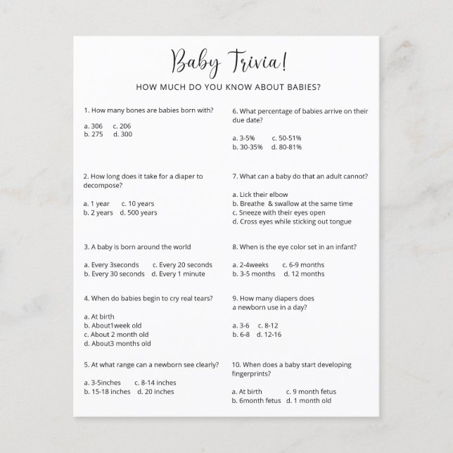 Baby Trivia | Baby Shower Game (Front)