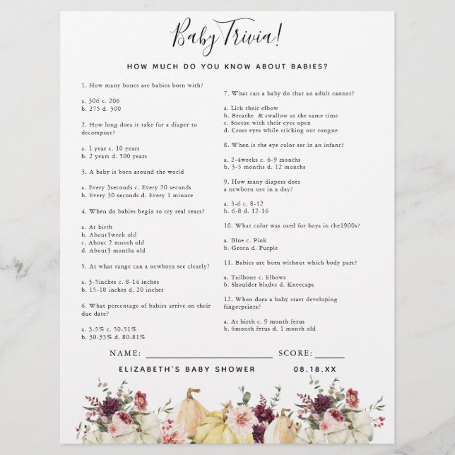 Baby Trivia | Baby Shower Game (Front)