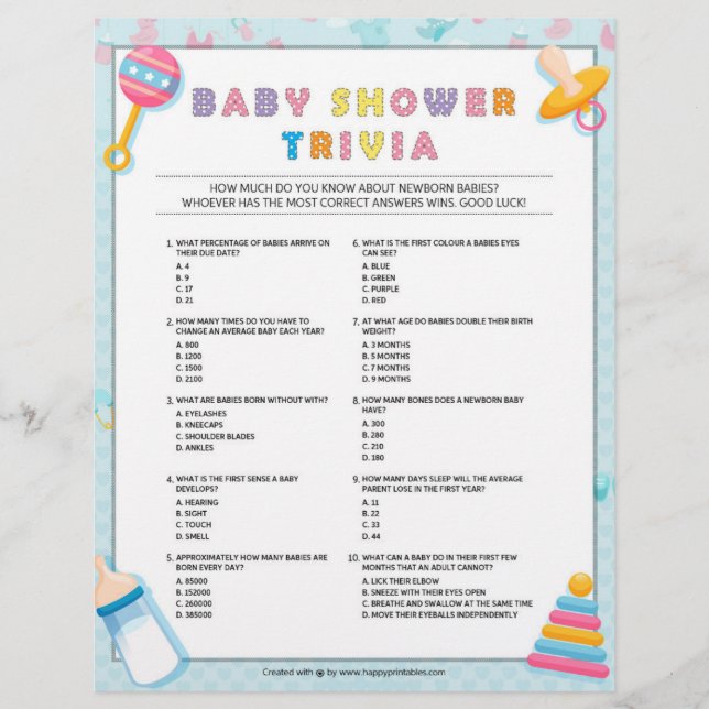 Baby Trivia Baby Shower Games [Baby Basics Blue] Custom Letterhead (Front)