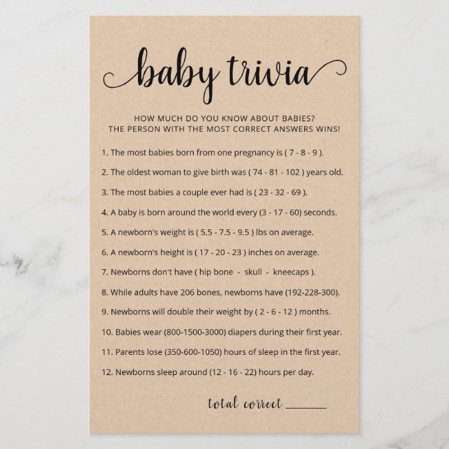 Baby Trivia Game with Answers Baby Shower party (Front)