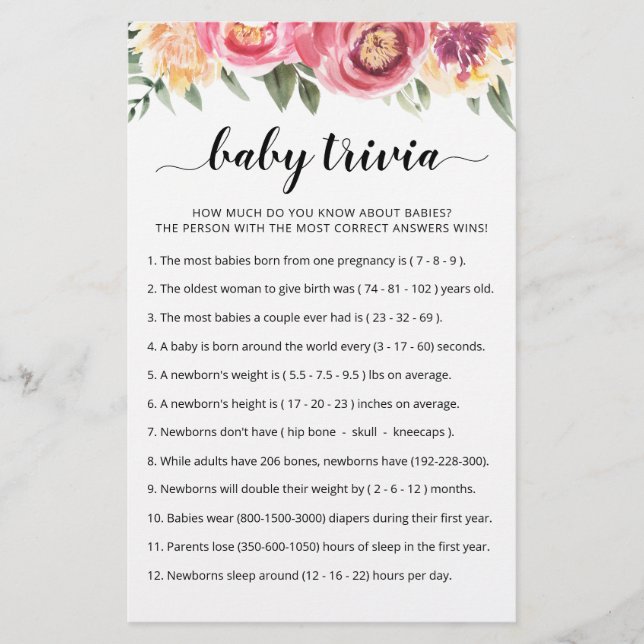 Baby Trivia Game with Answers Baby Shower party (Front)