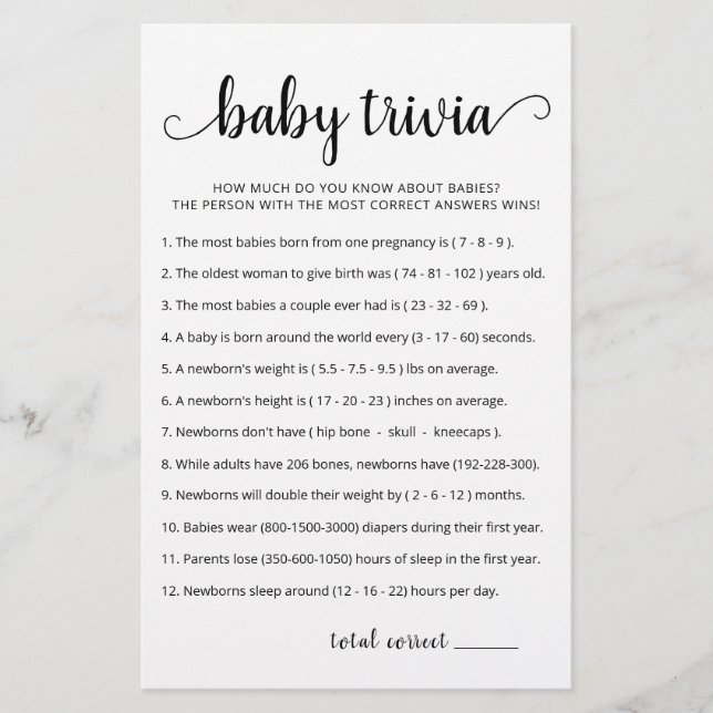 Baby Trivia Game with Answers Baby Shower party (Front)
