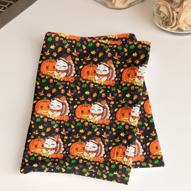 Baby Turkey And Pumpkin Celebrating Thanksgiving  Tea Towel (Creator Uploaded)