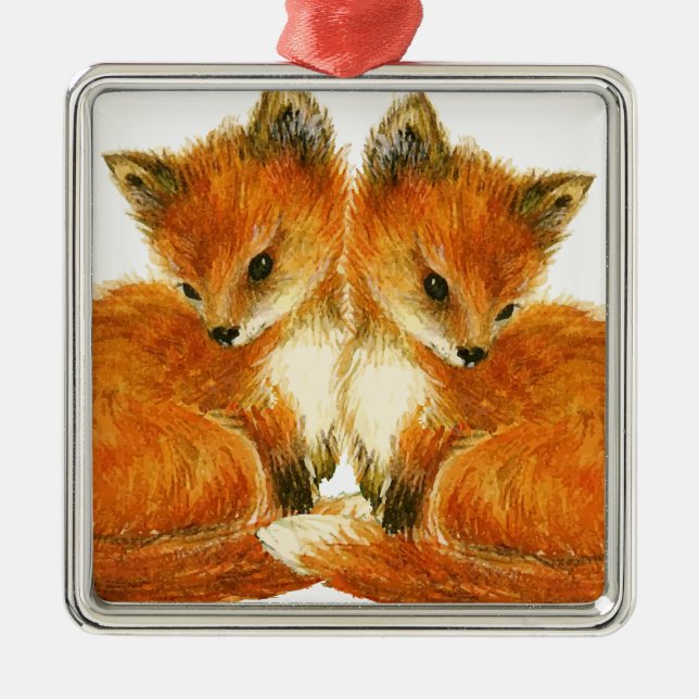Baby Twin Foxes Metal Tree Decoration (Front)