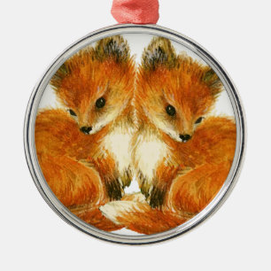 Baby Twin Foxes Metal Tree Decoration