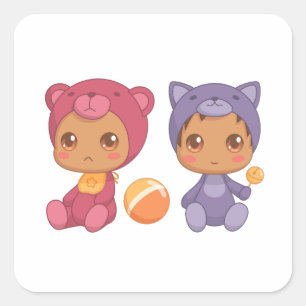 Baby Twins Bear Cat Jumpsuit 3 Square Sticker