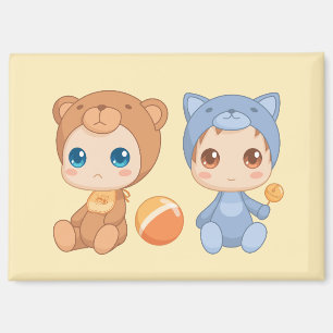 Baby Twins Bear Cat Jumpsuit on Yellow Magnet