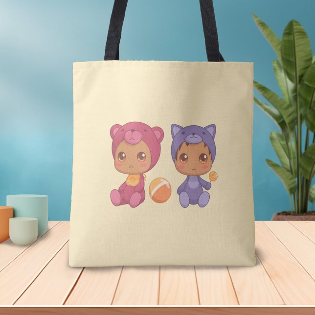 Baby Twins Bear Cat Jumpsuit on Yellow Tote Bag (Creator Uploaded)