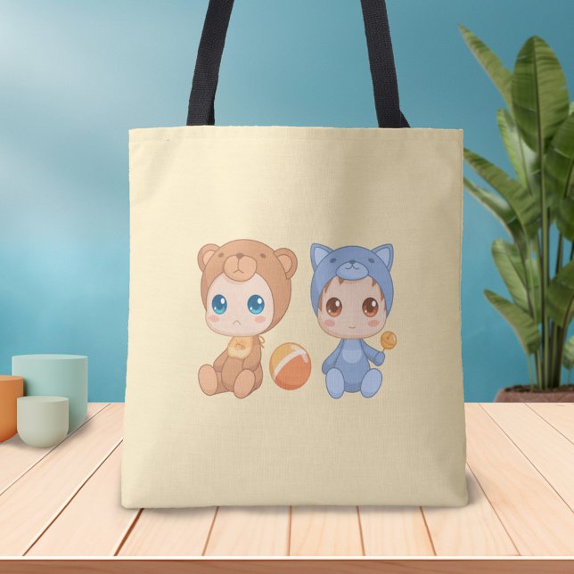 Baby Twins Bear Cat Jumpsuit on Yellow Tote Bag (Creator Uploaded)