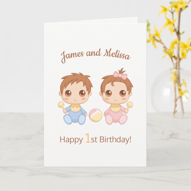 Baby Twins Boy Girl First Birthday Blank Card (Yellow Flower)