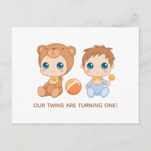 Baby Twins First Birthday Boy Bear Invitation Postcard