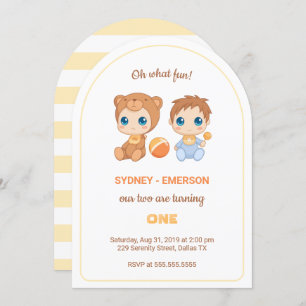 Baby Twins First Birthday Boy Bear Jumpsuit Invitation