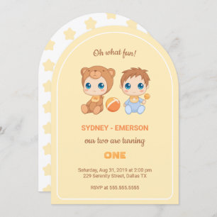 Baby Twins First Birthday Boy Bear Yellow Invitation