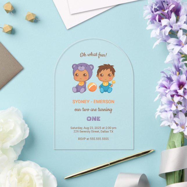 Baby Twins First Birthday Boy Purple Bear 2 Acrylic Invitations (Insitu (Wedding))