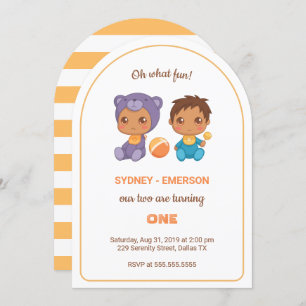 Baby Twins First Birthday Boy Purple Bear 2 Invitation