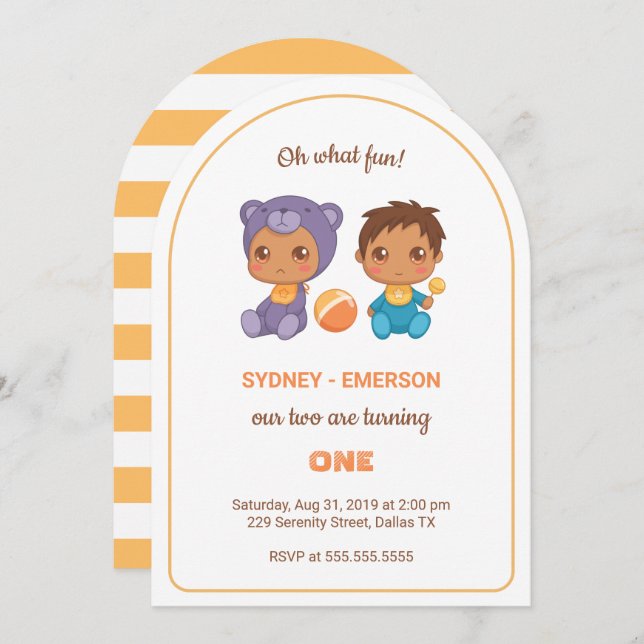 Baby Twins First Birthday Boy Purple Bear 2 Invitation (Front/Back)