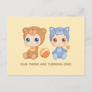 Baby Twins First Birthday Cat Bear Invitation 2 Postcard