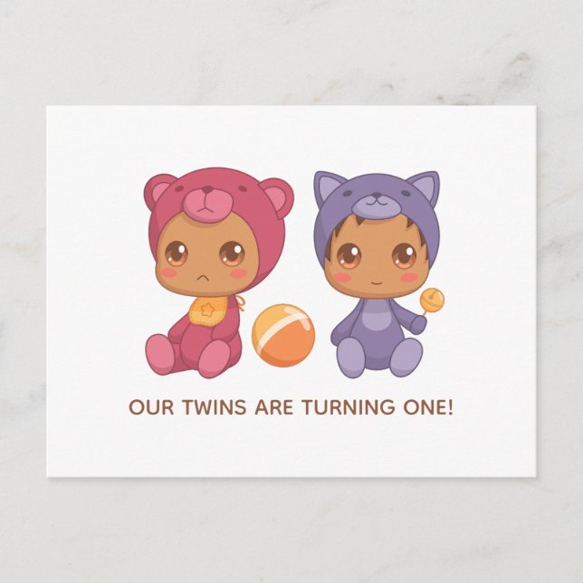 Baby Twins First Birthday Cat Bear Invitation Postcard (Front)