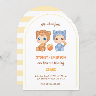 Baby Twins First Birthday Cat Bear Jumpsuit Invitation