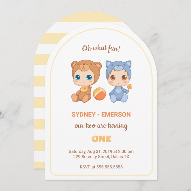Baby Twins First Birthday Cat Bear Jumpsuit Invitation (Front/Back)