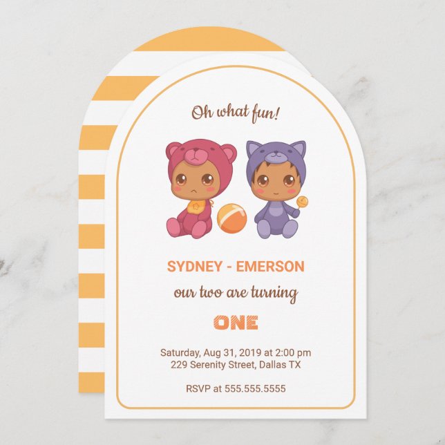 Baby Twins First Birthday Cat Bear Jumpsuit Invitation (Front/Back)