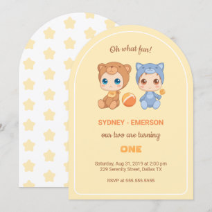Baby Twins First Birthday Cat Bear Yellow Invitation