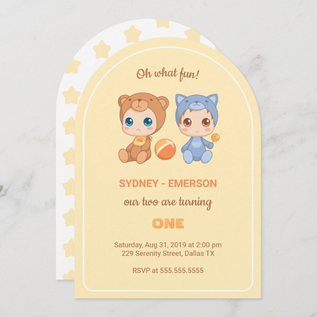 Baby Twins First Birthday Cat Bear Yellow Invitation (Front/Back)
