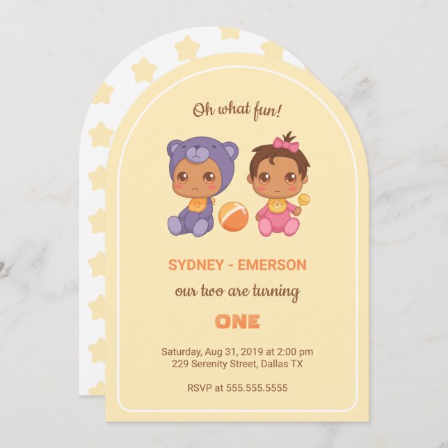 Baby Twins First Birthday Girl Bear Yellow 1 Invit Invitation (Front/Back)