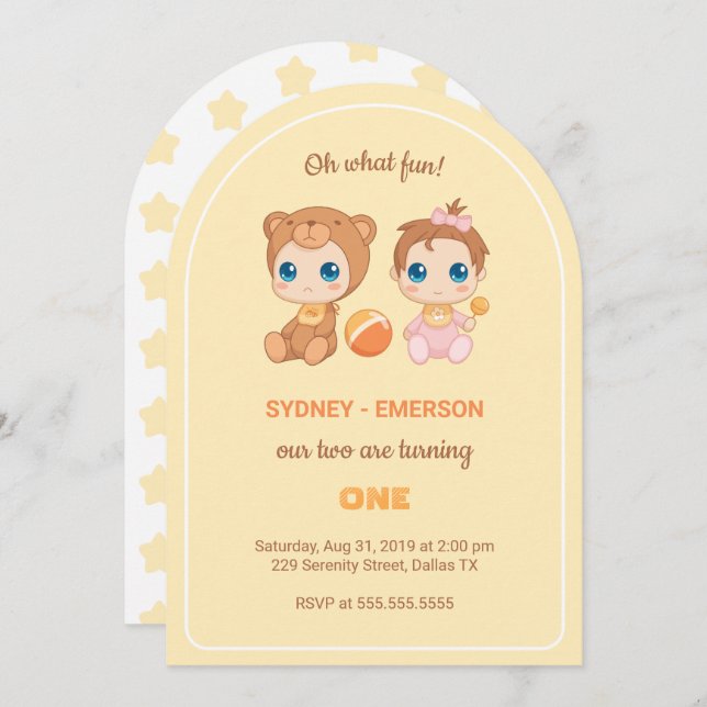 Baby Twins First Birthday Girl Bear Yellow Invitation (Front/Back)