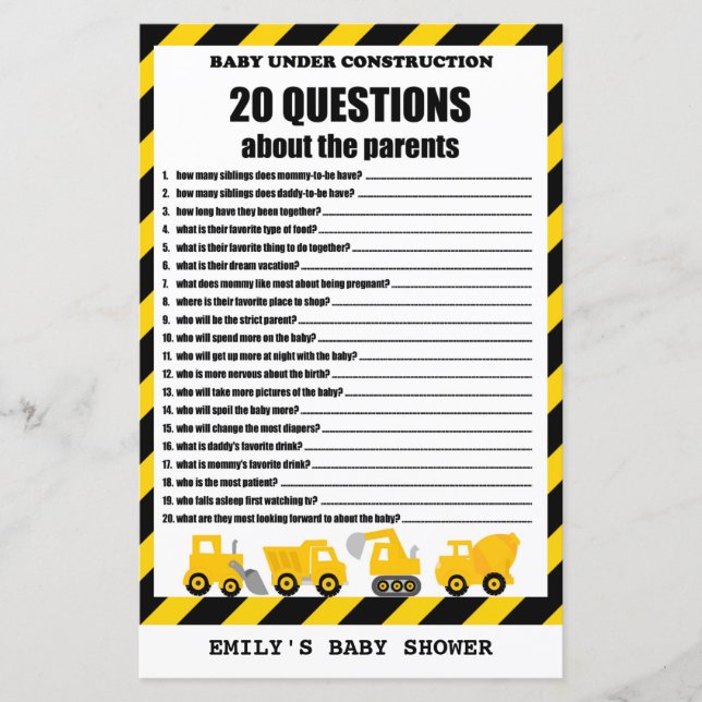 Baby Under Construction Baby Shower Game PRINTED (Front)