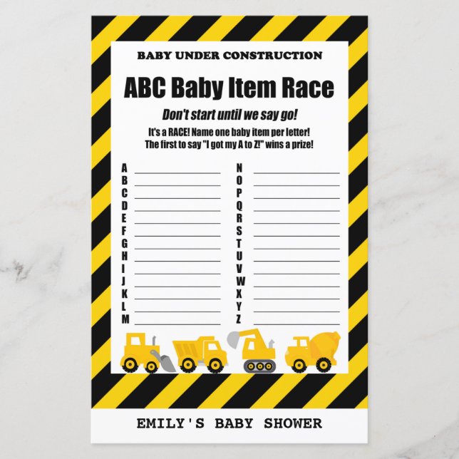 Baby Under Construction Baby Shower Game PRINTED (Front)