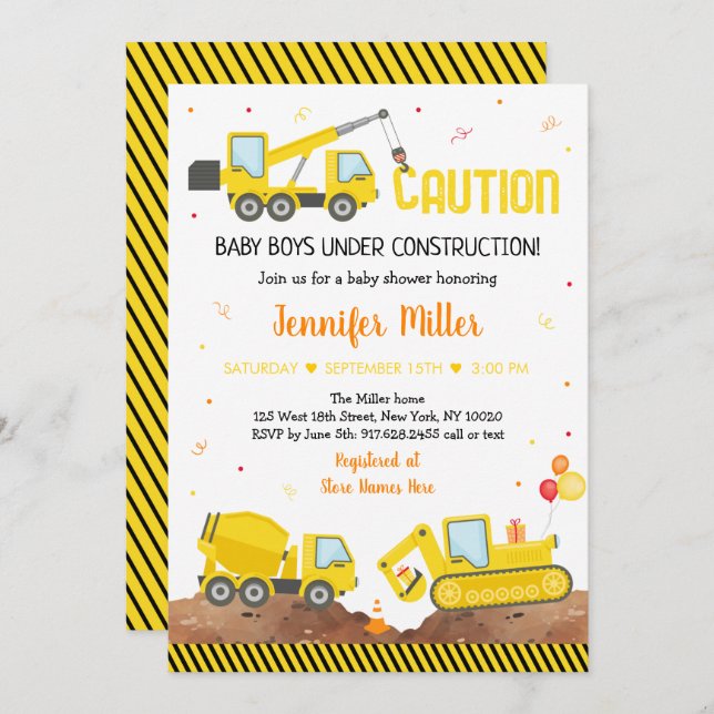 Baby Under Construction Twin Boy Truck Baby Shower Invitation (Front/Back)