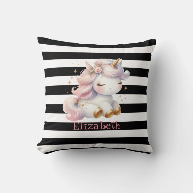 Baby Unicorn Black White Stripes  Cushion (Front)
