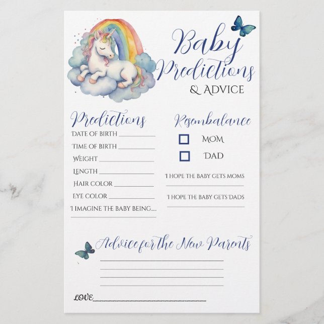 Baby Unicorn Boy Baby Predictions Advice Card (Front)