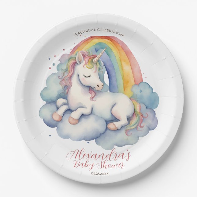 Baby Unicorn Girl Baby Shower Paper Plate (Front)