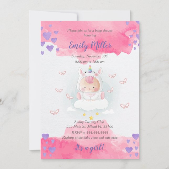 Baby unicorn girl shower invitation watercolor (Front)